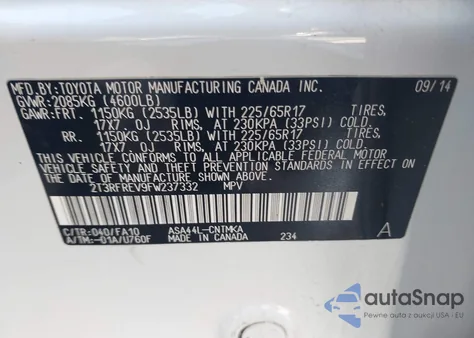 2015 Toyota Rav4 Xle из США, поврежденный, VIN 2T3RFREV9FW237332